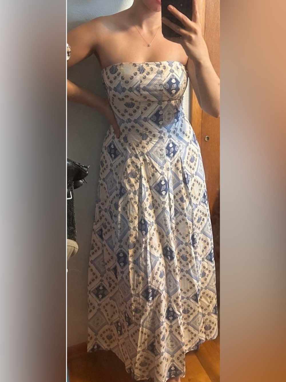 7 For All Mankind Strapless Blue & Cream Printed Maxi Dress - Picture 9 of 10